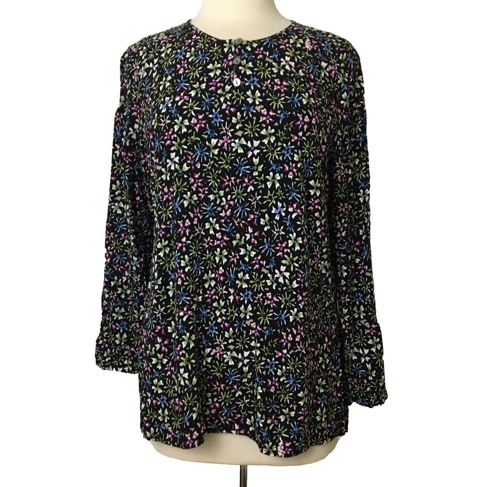 J. Jill Women’s M Top Black Floral Long Sleeve Blouse Button Front Rayon